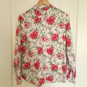 Charter Club Linen Long Sleeve Floral Print Roll Tab Button Up Shirt Pink Size M